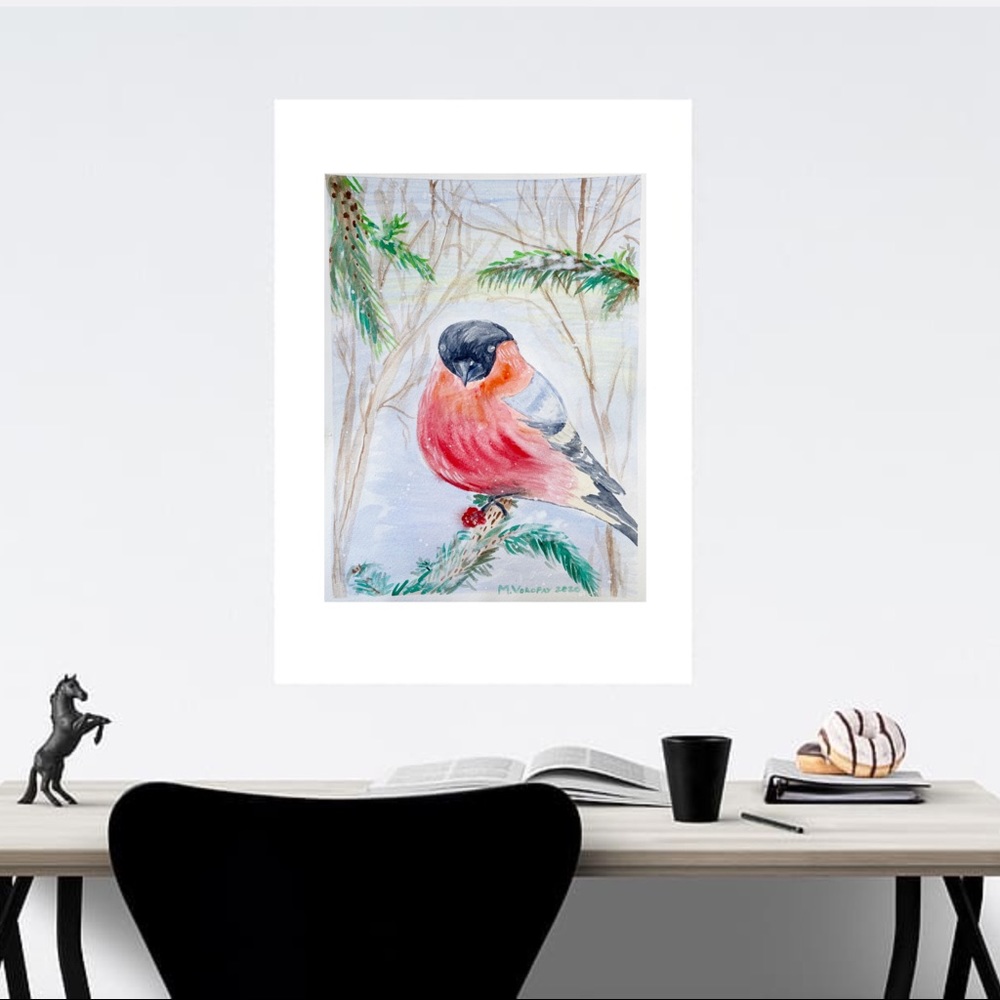 bullfinch panting Trees in winter watercolor 12x9” - Picture 6 of 10